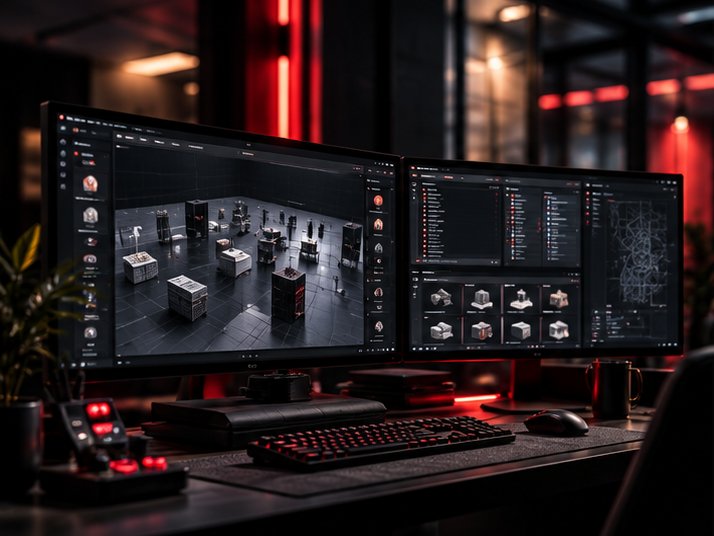 A dark workstation running game system tools